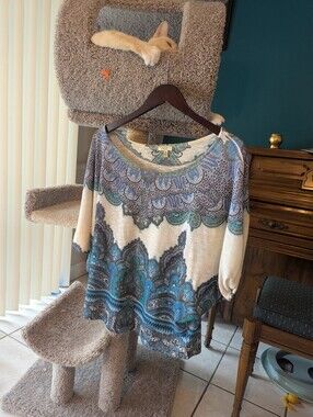 Cache Cream Top with Teal and Lavender Paisley
